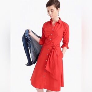 J.Crew Red Cotton Poplin Tie Waist Button Front Shirt Dress